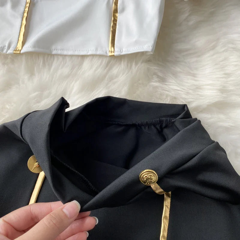 Women Sexy Lace Patchwork Hollow Skirt Suit Set with Turn-Down Collar Top Mini Skirt and Underpants 3-Piece Erotic Pajamas for Cosplay