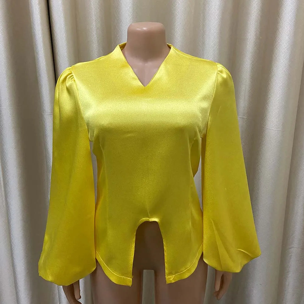 Elegant Satin V Neck Office Blouse for Women Full Sleeve Front Split Luxury Party and Dinner Shirt