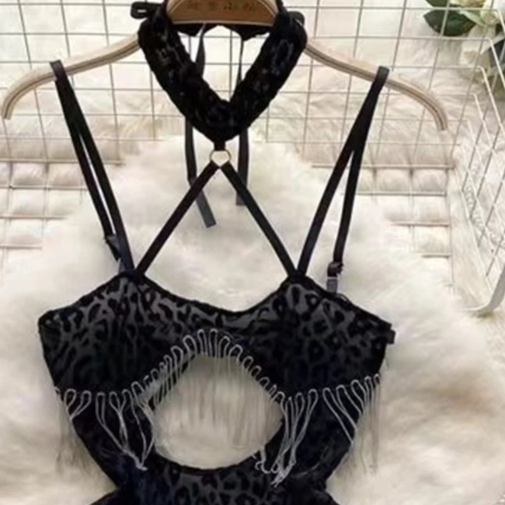 Leopard Print Lingerie Halter Nightwear Side Slit Tassels
