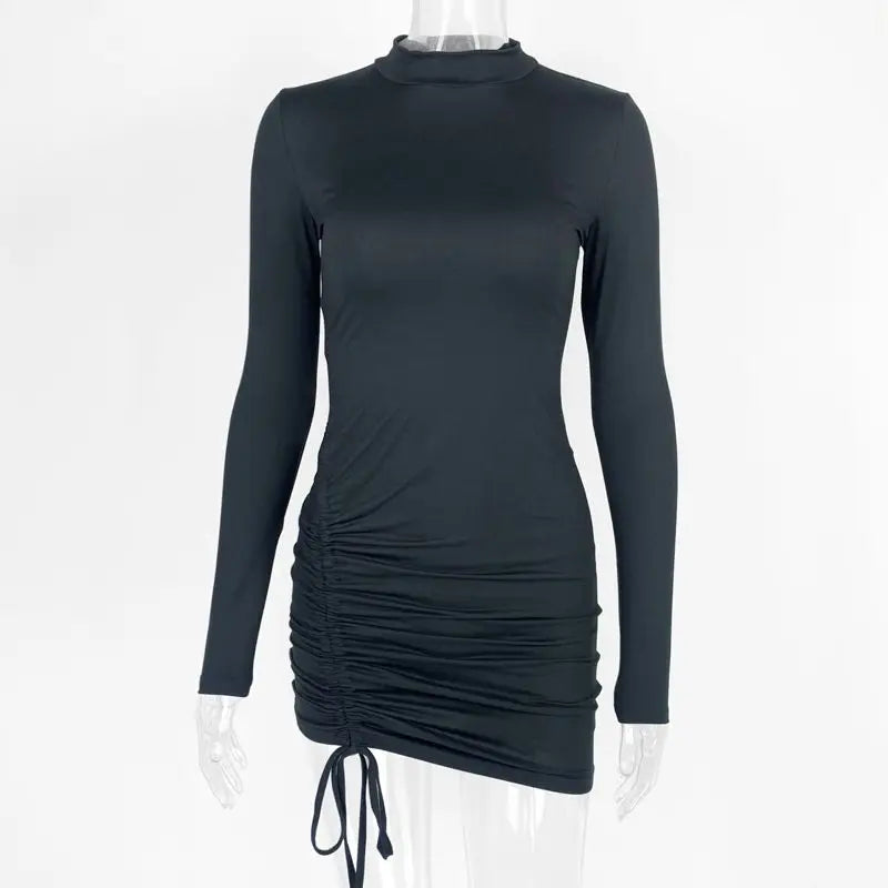 Black Bodycon Mini Dress With Drawstring Ruched Long Sleeve