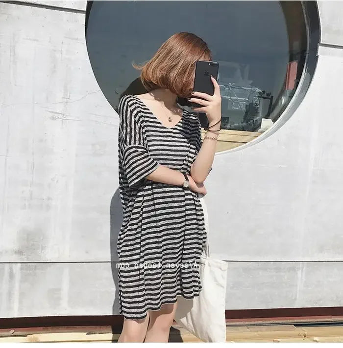 Summer Women's Striped T-Shirt Dress Loose Fit Short Sleeve Casual Tee for Home Wear