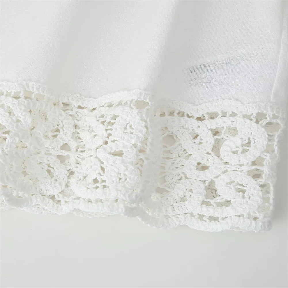 Women White Long Sleeve Blouse and Wide Leg Pants Set with Lace Trim Elegant Design