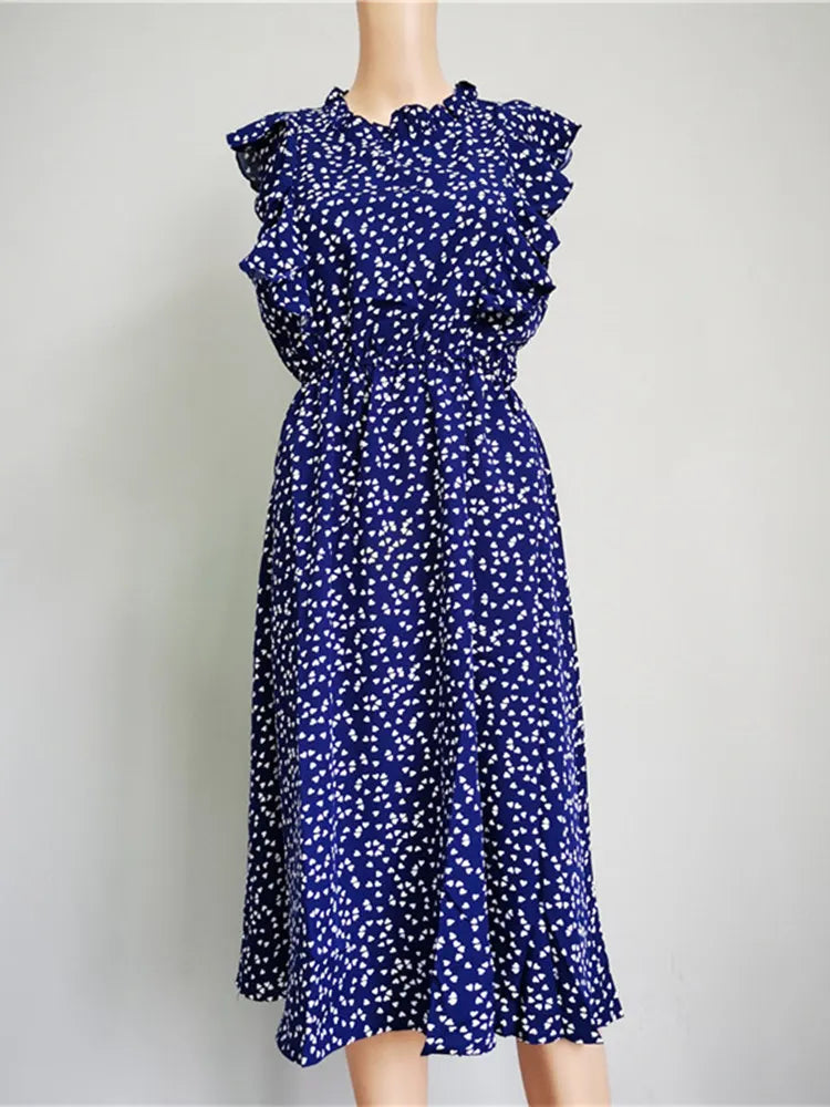 Chiffon Dot Print Butterfly Sleeve Dress With Ruffles