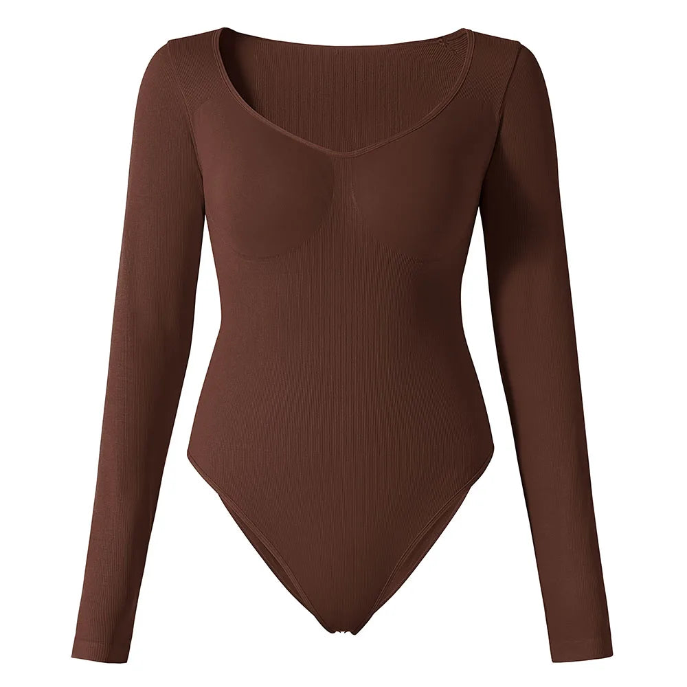 Sexy Long Sleeve Bodysuit for Women Skinny Bodycon V-Neck Push Up Romper Streetwear Jumpsuit