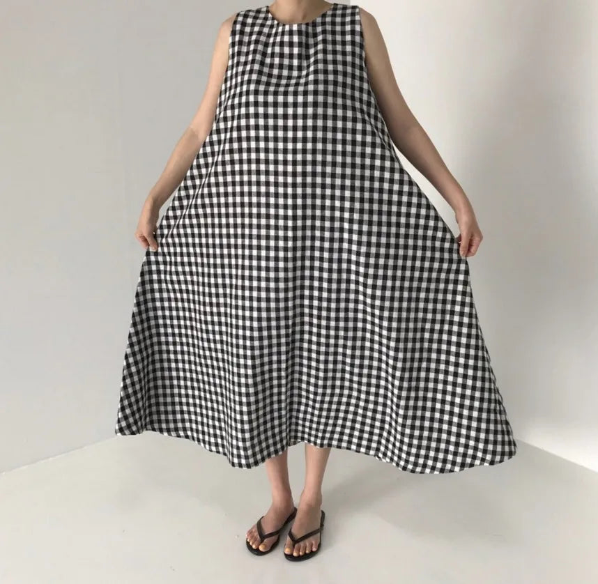 Vintage Plaid Tank Dress for Women High Waist O Neck