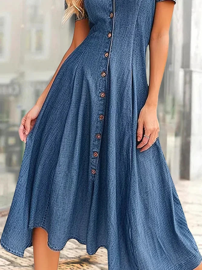 Denim Shirt Dress Women Casual Loose Fit Short Sleeve Slit
