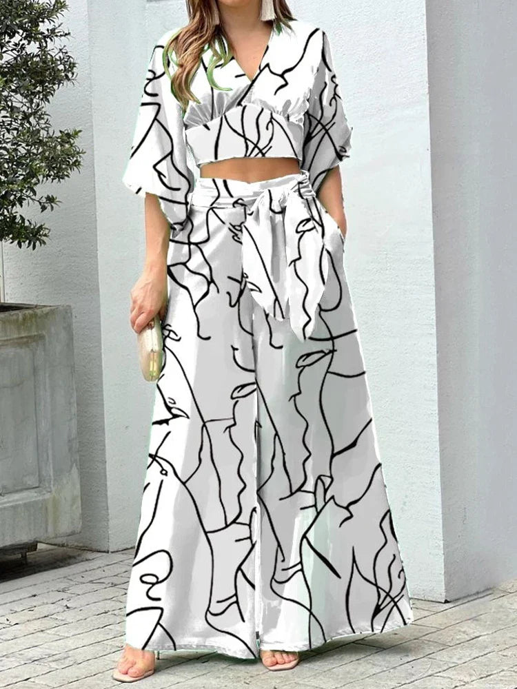 Casual Women's Two Piece Set Autumn V Neck Crop Top and High Waist Wide Leg Pants Outfit