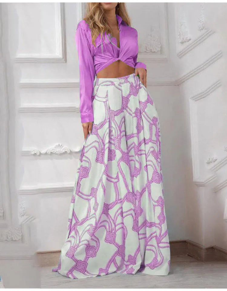 Printed Casual Suit with Lace-Up Shirt and High Waist Wide Leg Pants Set for Women