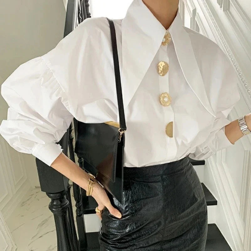 Spring Lapel Turn Down Collar Lantern Sleeve Casual Blouse Elegant Retro Loose Fit All-Match Women's Shirt