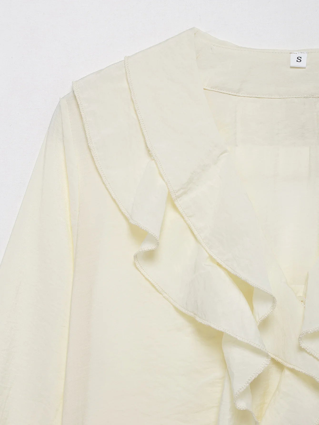 Women's Ruffled V-Neck Blouse with Flounce Long Sleeves Elegant Solid Color Chic Shirt