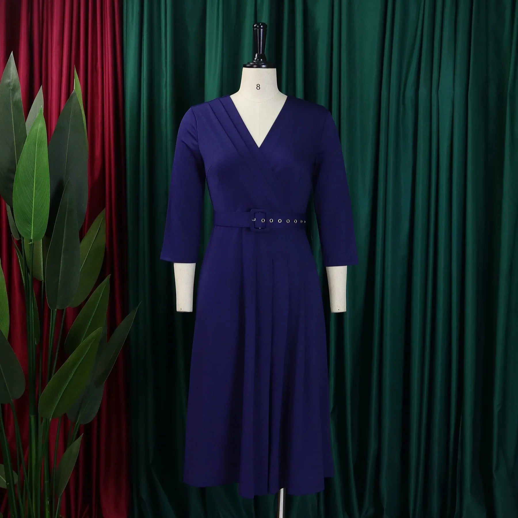 V Neck Office Dress For Women Belted Pleated Mid Calf