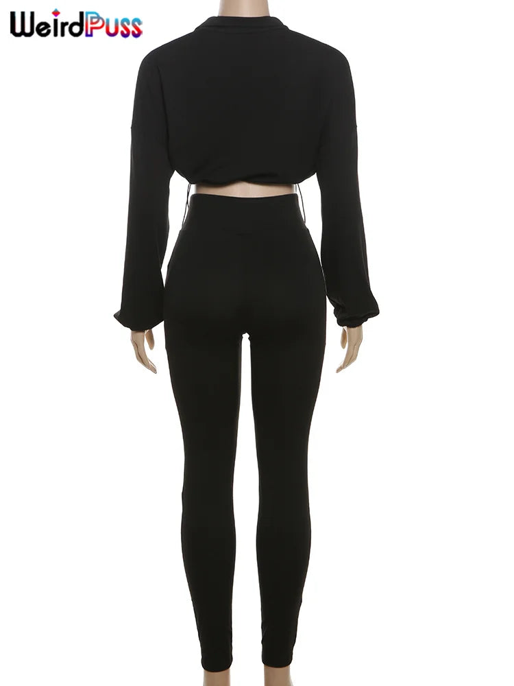 Weird Puss Tracksuit Women 2 Piece Set Casual Zip Thin Drawstring Crop Jacket and Leggings Matching Sporty Suit