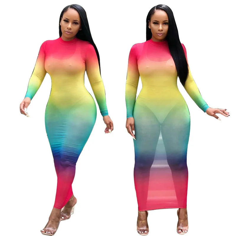 Rainbow Gradient Sheer O Neck Dress For Clubwear Nights