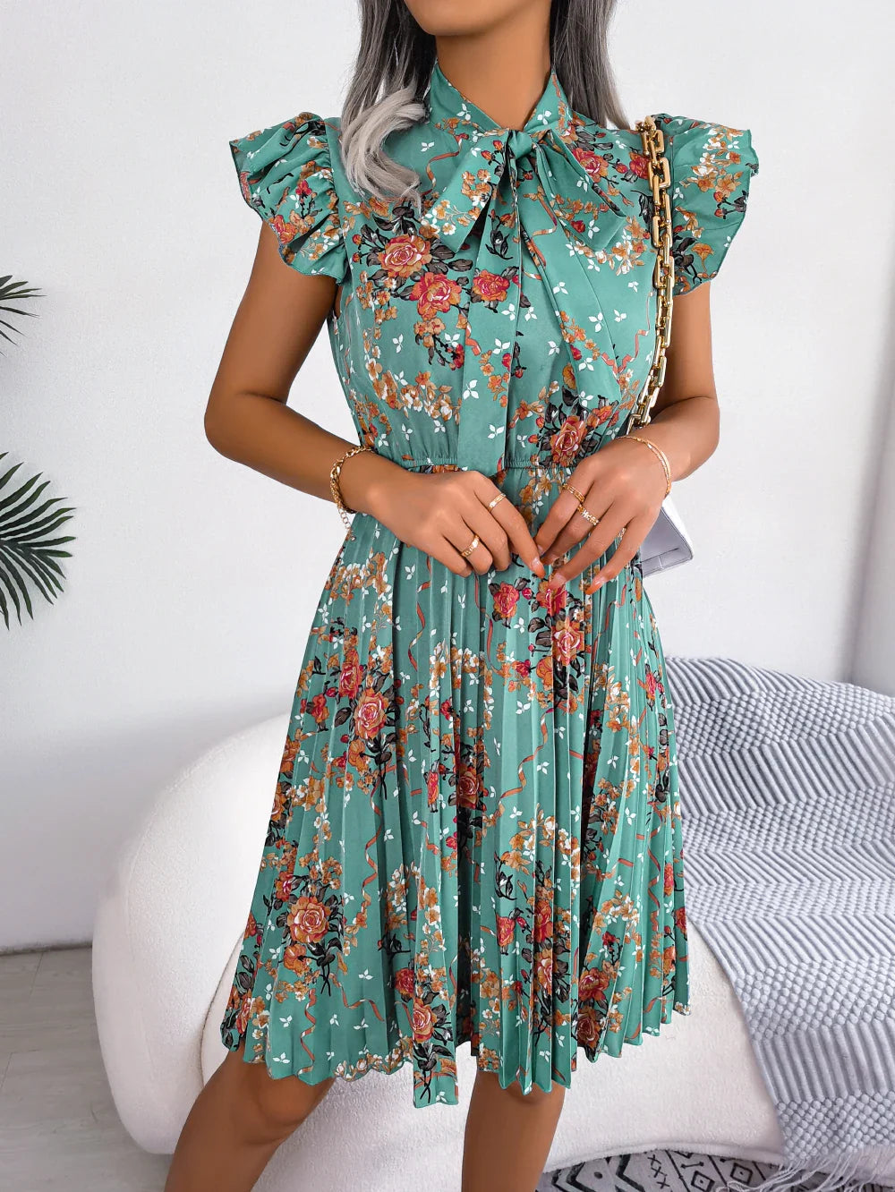 Womens Floral Print Bow Dress With Slim Pleated Waist