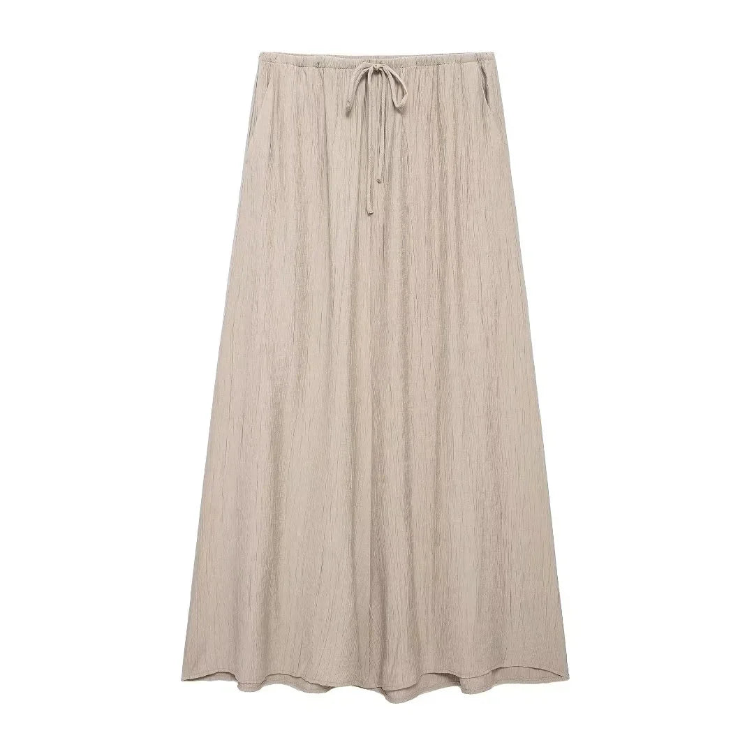 Summer Women's Elegant Solid Color Skirt Set Casual V-neck Bow Lace-Up Sleeveless Crop Vest Top with Loose Drawstring Midi Skirt