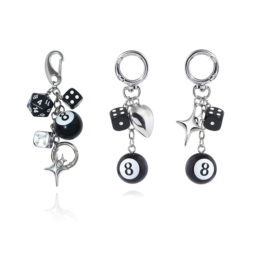 Black Dice Billiards Keychain Hiphop Lucky Dice Pendant Bag Charm Punk Jewelry Accessories