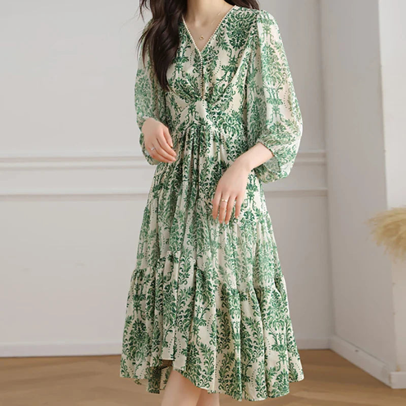 Floral Chiffon Dress For Women V Neck A Line Dress