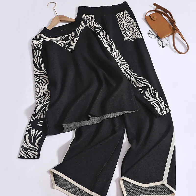 Women Casual Printed Two-Piece Knit Pullover and High Waist Wide Leg Pants Office Suit