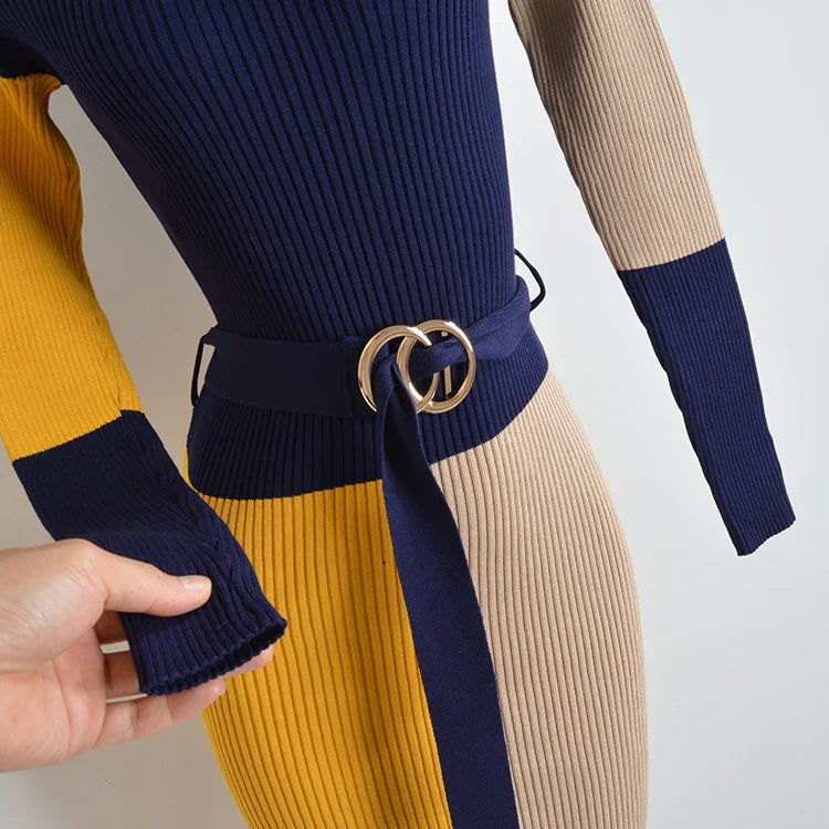 Fall Winter Knit Wrap Dress With Belt Long Sleeve Pencil