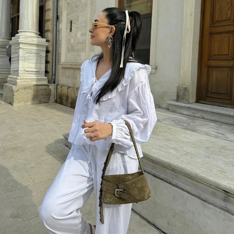 Women's Sweet Solid White Blouse with Front Bow Lace-Up Long Sleeves Elegant Casual Summer Top