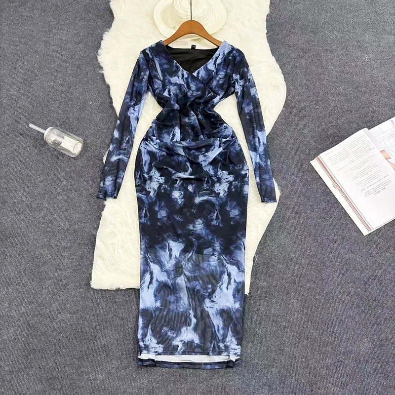 Mesh Print Maxi Dress With V Neck Full Sleeve Bodycon