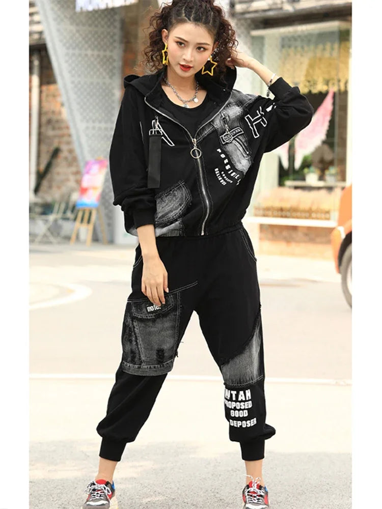 Spring Punk Fashion Women's Two Piece Set with Loose Hooded Jacket and Classic Fitness Pants