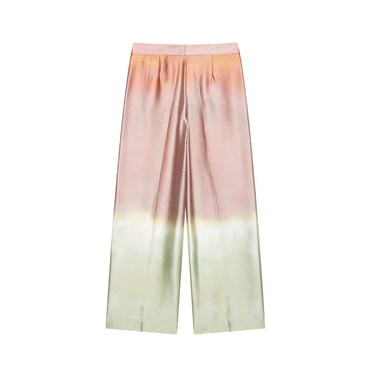 Women Tie Dye Two Piece Set Casual V Neck Waistcoat and Wide Leg Trousers with Shoulder Pads