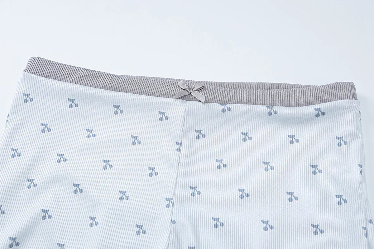 Cherry Print Two-Piece Matching Set with Slim Crop Camisole Top and Bow-Accent Shorts Summer Casual Festival and Workout Outfit for Women