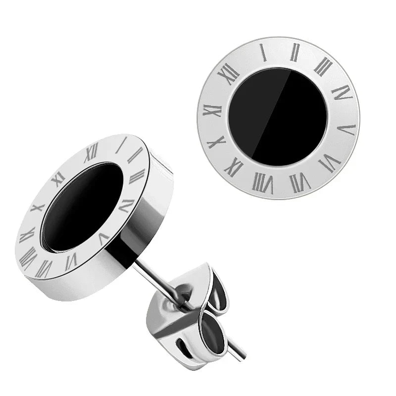 Vintage Roman Numerals Stainless Steel Acrylic Crystal Stud Earrings for Women and Men