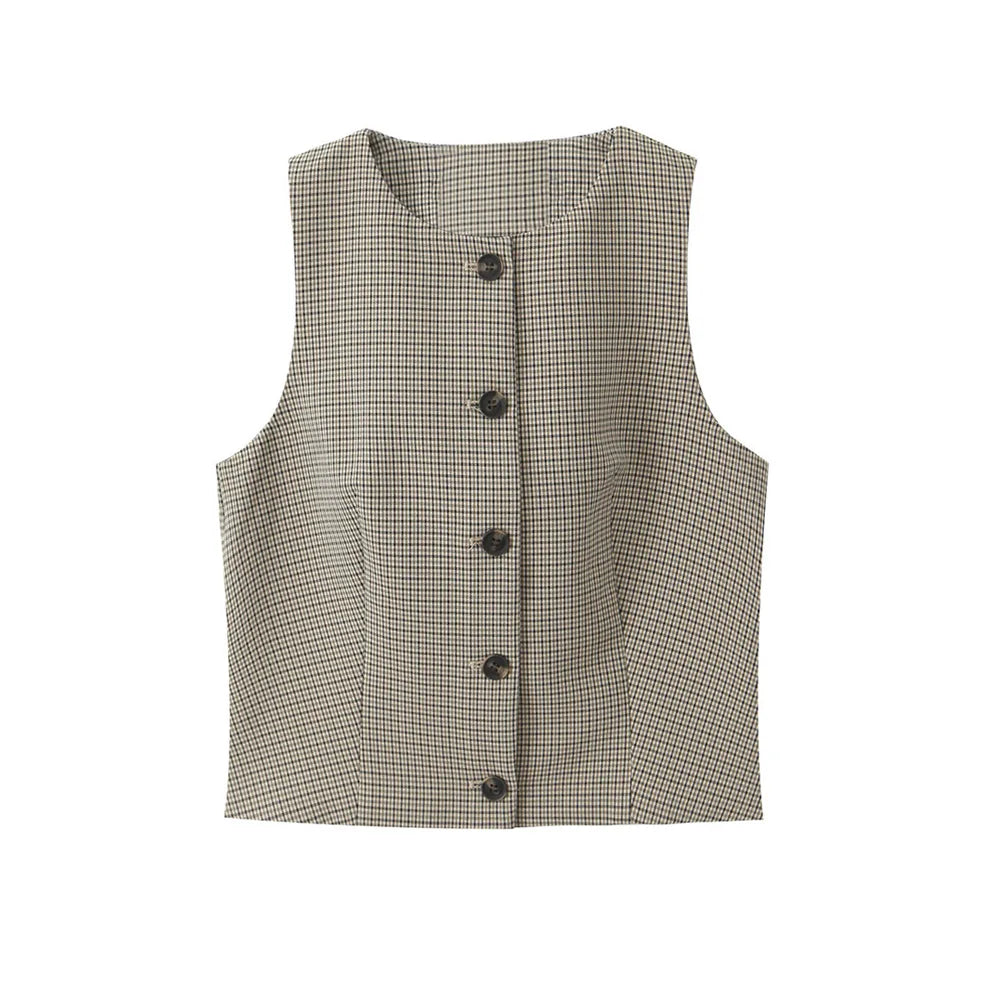 Women's Fashion Button-Up Check Waistcoat With High Waist Belted Straight Pants Two Piece Set