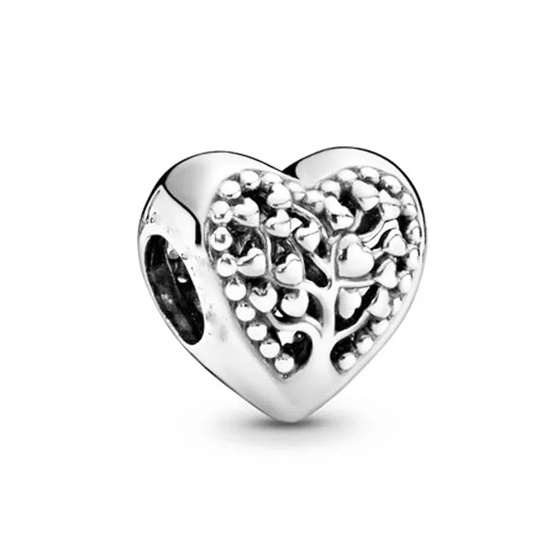 925 Sterling Silver Family Tree Heart Pendant Beads for DIY Bracelets
