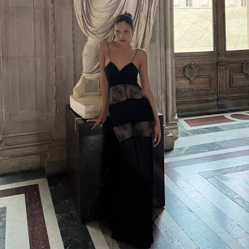 Black Backless Lace Maxi Dress For Women See Through