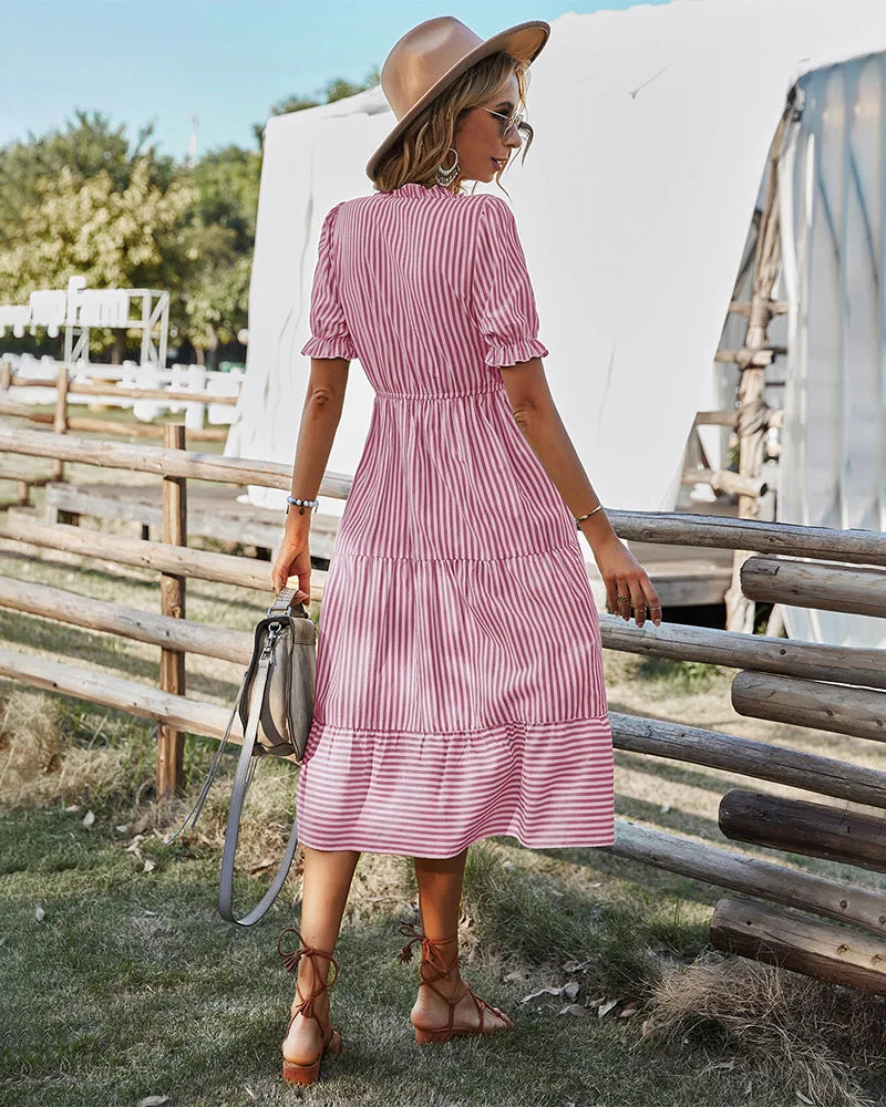 Striped Lantern Sleeve Midi Dress With V Neck Ruffles