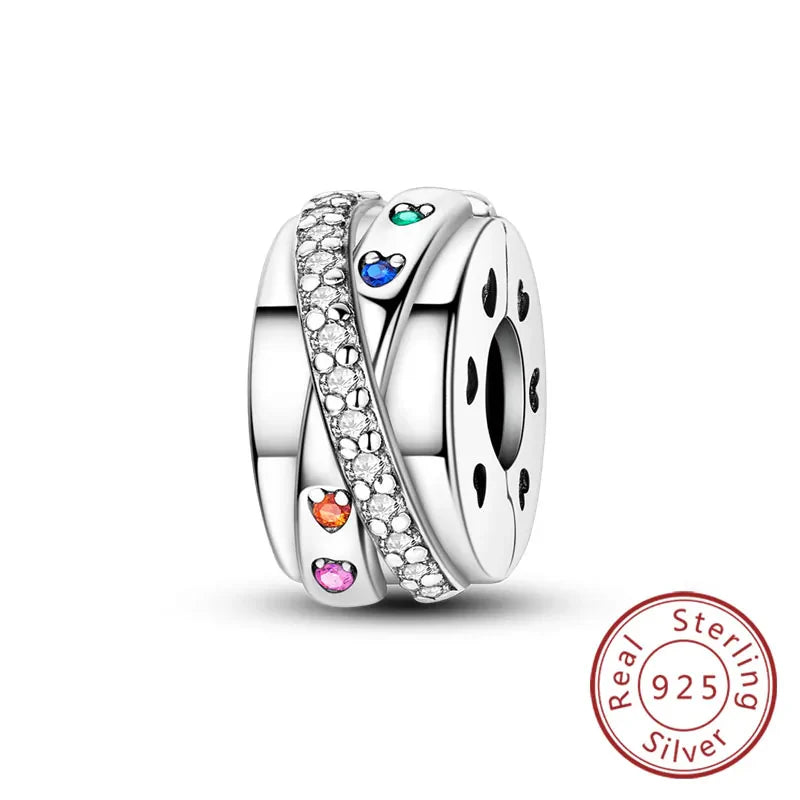Fit Original 925 Sterling Silver Clip Charms with Zircon and Silicone Spacer Beads for Women DIY Bracelet Gift