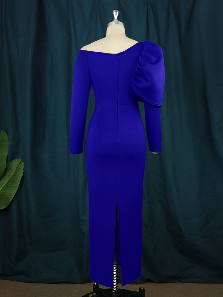 Blue Off Shoulder Bodycon Dress With Long Sleeve High Waist