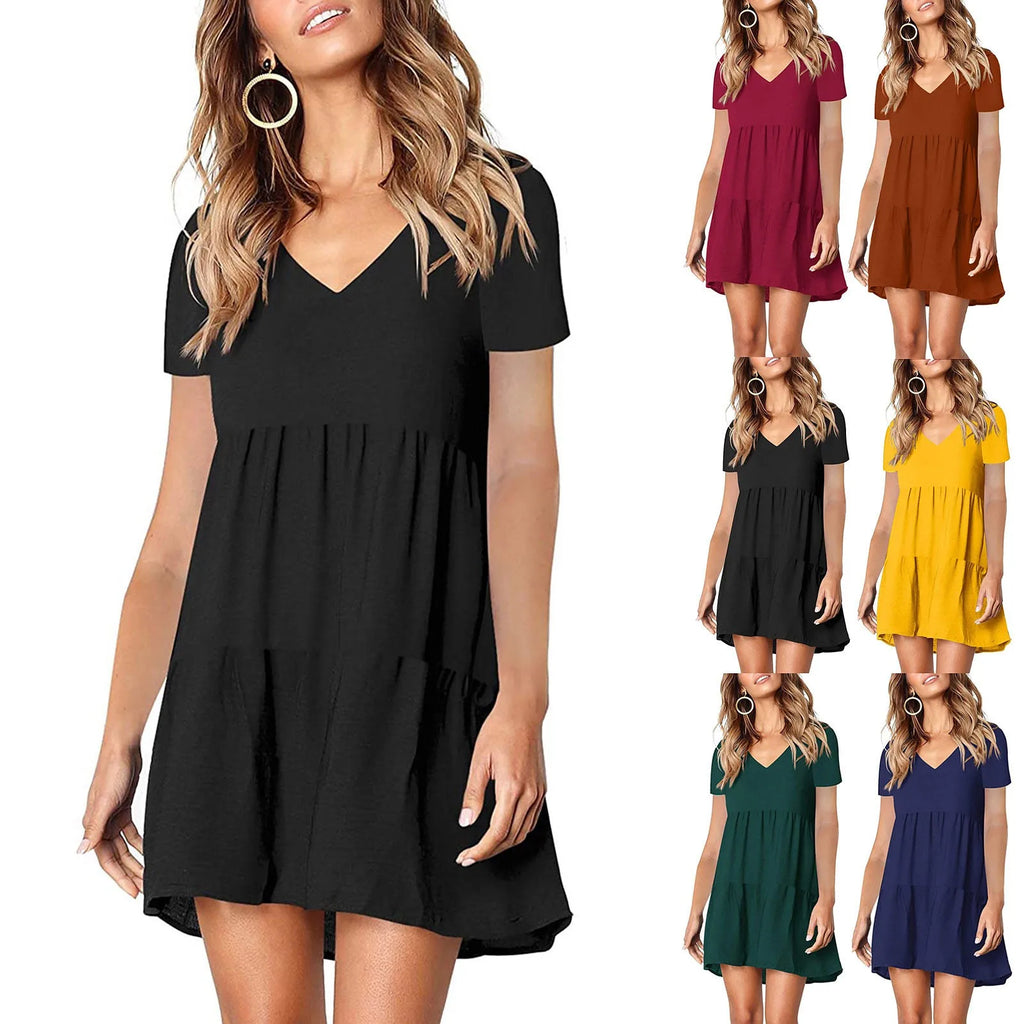 Womens V Neck Short Sleeve Loose Fit Dress Solid Color