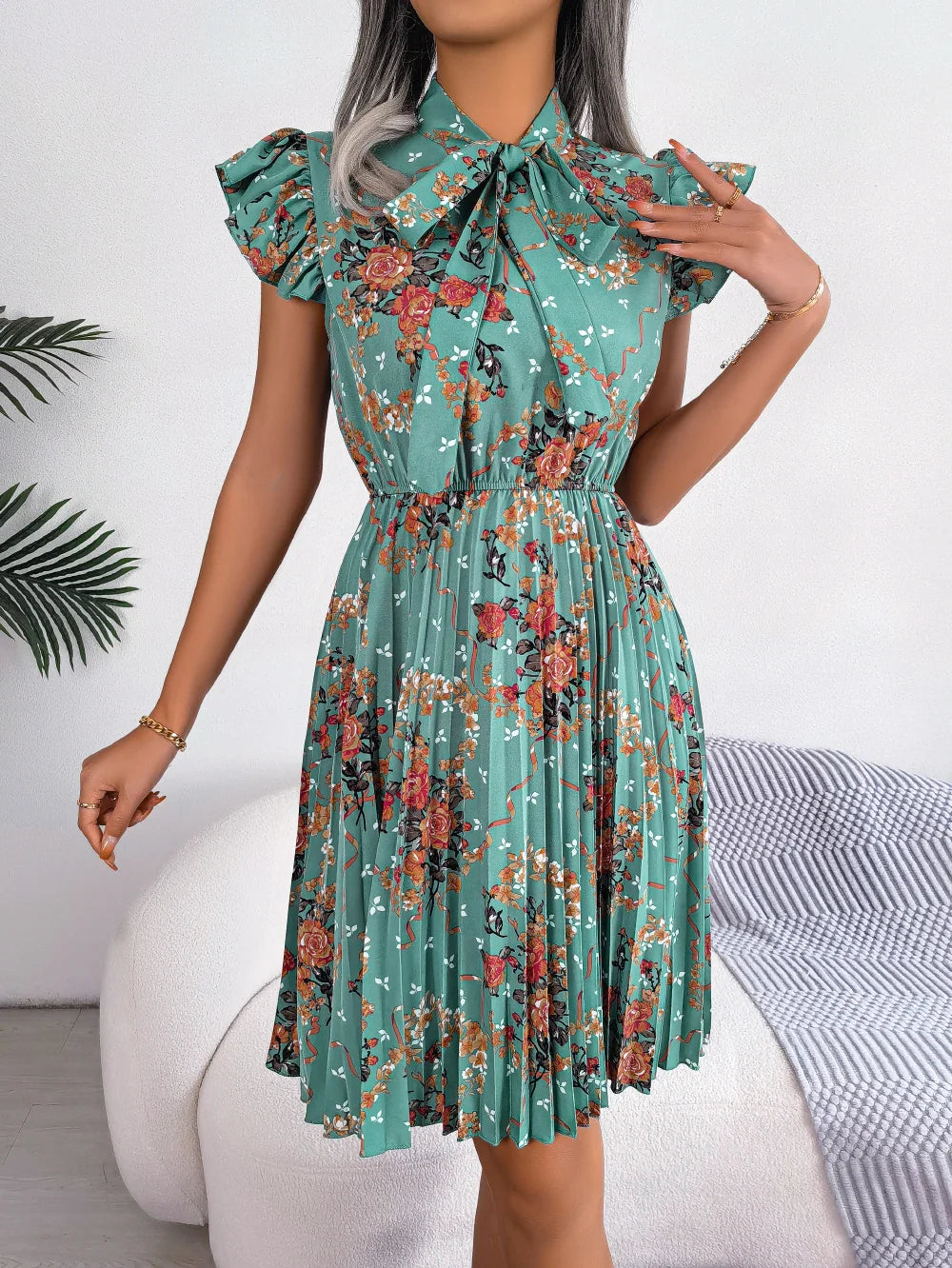 Womens Floral Print Bow Dress With Slim Pleated Waist