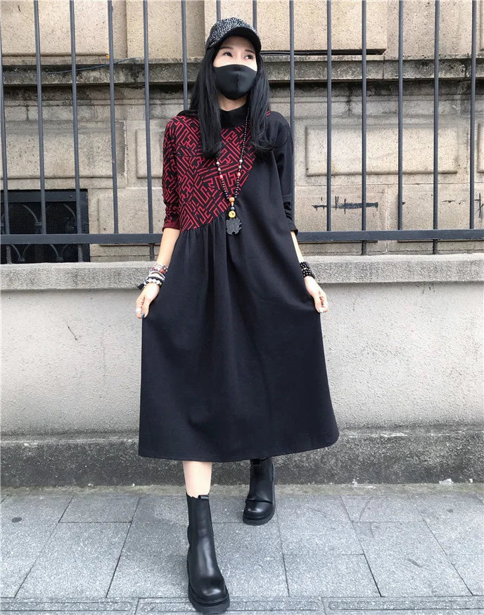 Loose Printed Turtleneck Dress For Women Elegant Casual