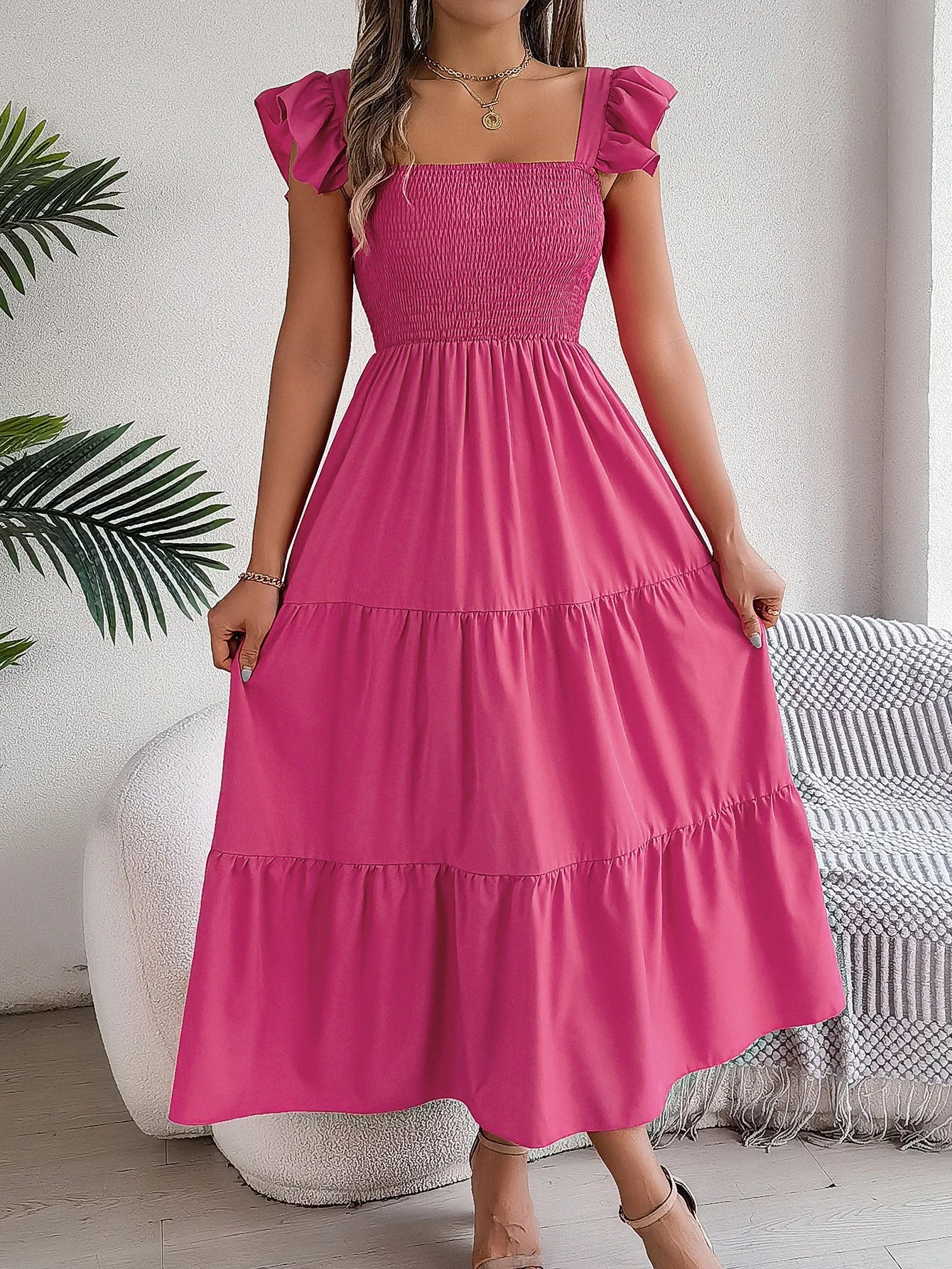 Square Neck Maxi Dress for Women Solid Summer Color