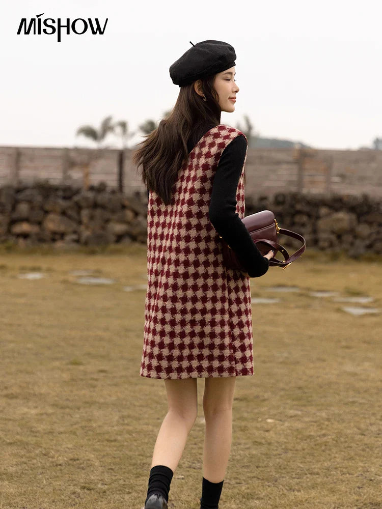 Plaid Vest Dress Aline Woolen Sleeveless Vneck Chic
