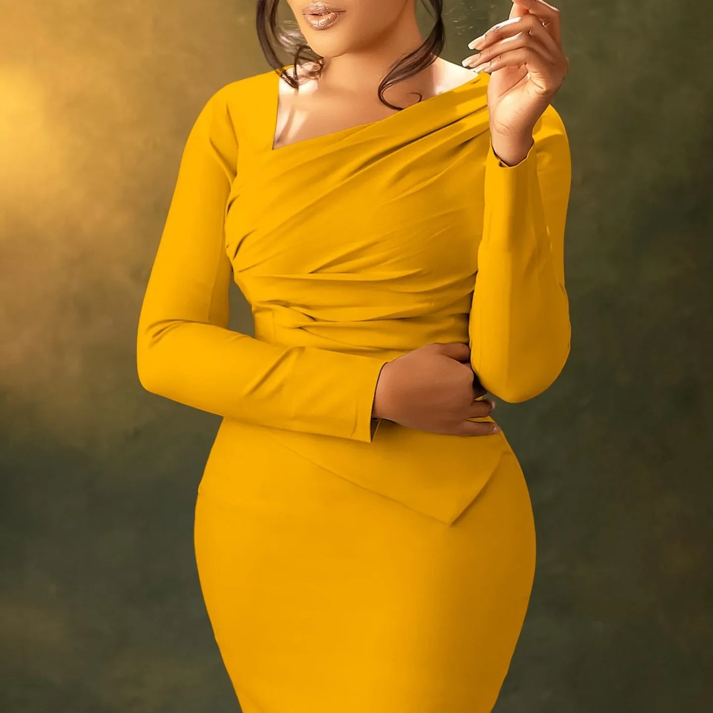 Professional Midi Office Dress for Women with Long Sleeves