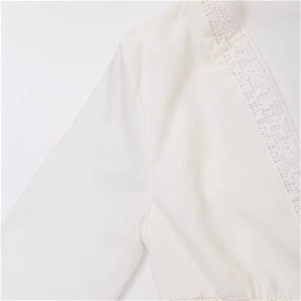 White Embroidered Shirt with Elegant French Bow Detail Slim Fit Three-Dimensional Styling Casual and Business Wear