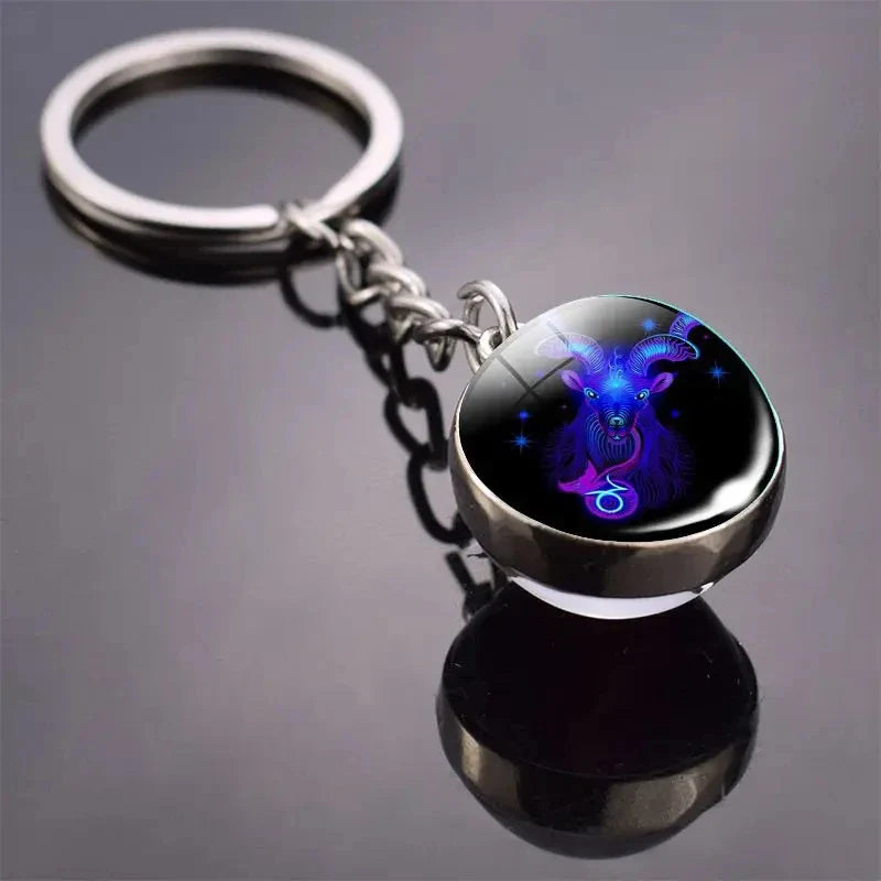 Luminous Zodiac Key Chain Double Sided Glass Ball Pendant for Men and Women Birthday Gift
