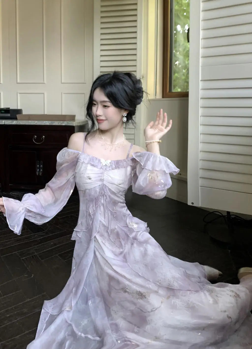 Off Shoulder Dress Ruffle A Line Long French Print