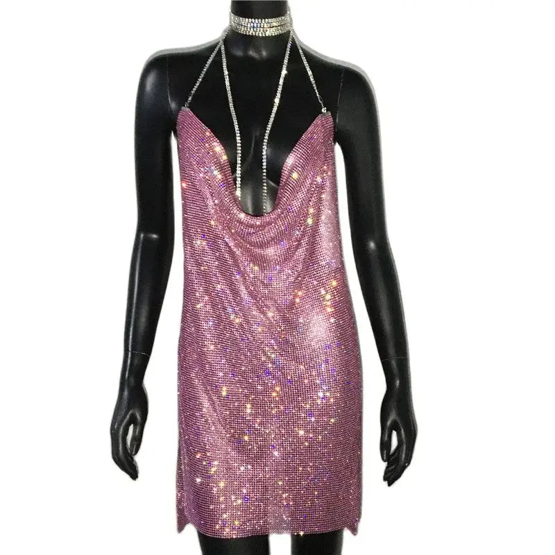 Sequin Rhinestone Backless Mini Dress For Nightclub Party