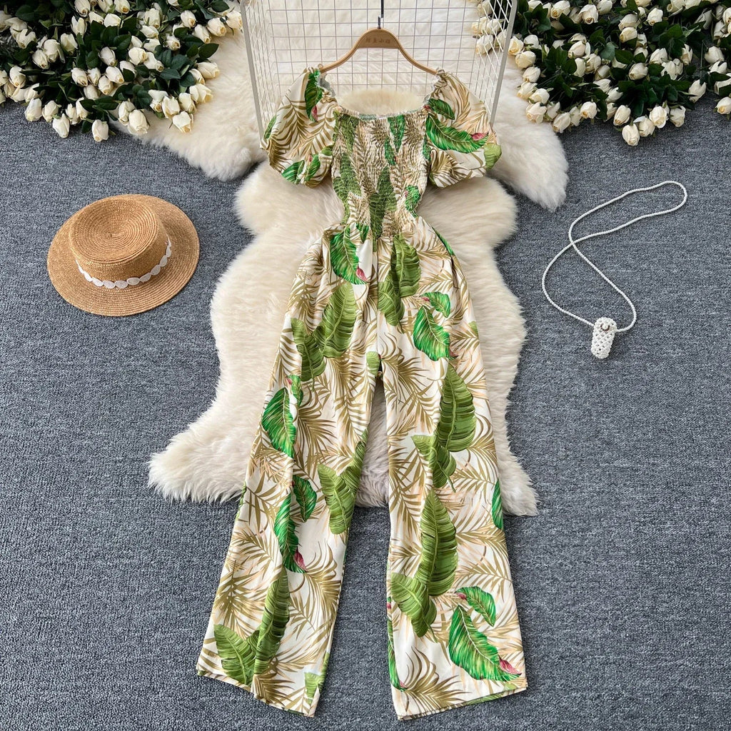 Square Neck Loose Pleated Jumpsuit with Ruffles Backless Design Wide Leg Long Pants Elegant Chic Printed Playsuit for Women