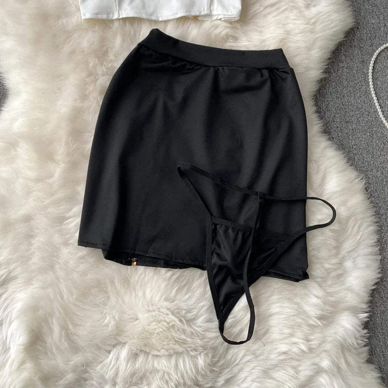 Women Sexy Lace Patchwork Hollow Skirt Suit Set with Turn-Down Collar Top Mini Skirt and Underpants 3-Piece Erotic Pajamas for Cosplay