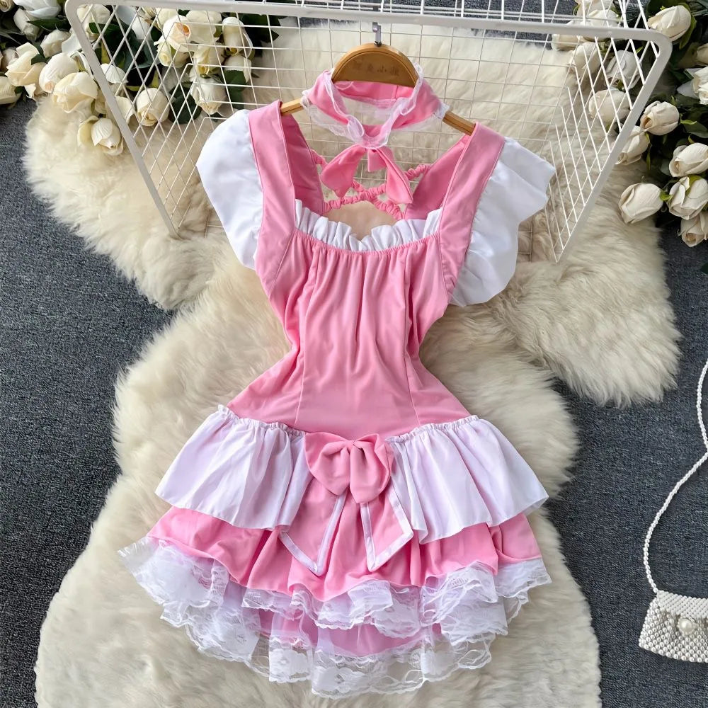 Lolita Maid Dress Short Summer Patchwork Lace Costume