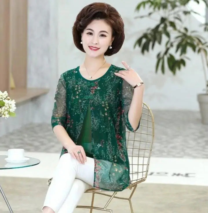 Vintage Floral Print Chiffon Half Sleeve T-Shirt with Spliced Fake Two-Piece Design and Round Neck Casual Summer Top for Women