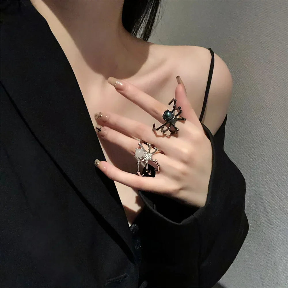 Punk Dark Spider Open Ring with Moonstone for Women Gothic Jewelry